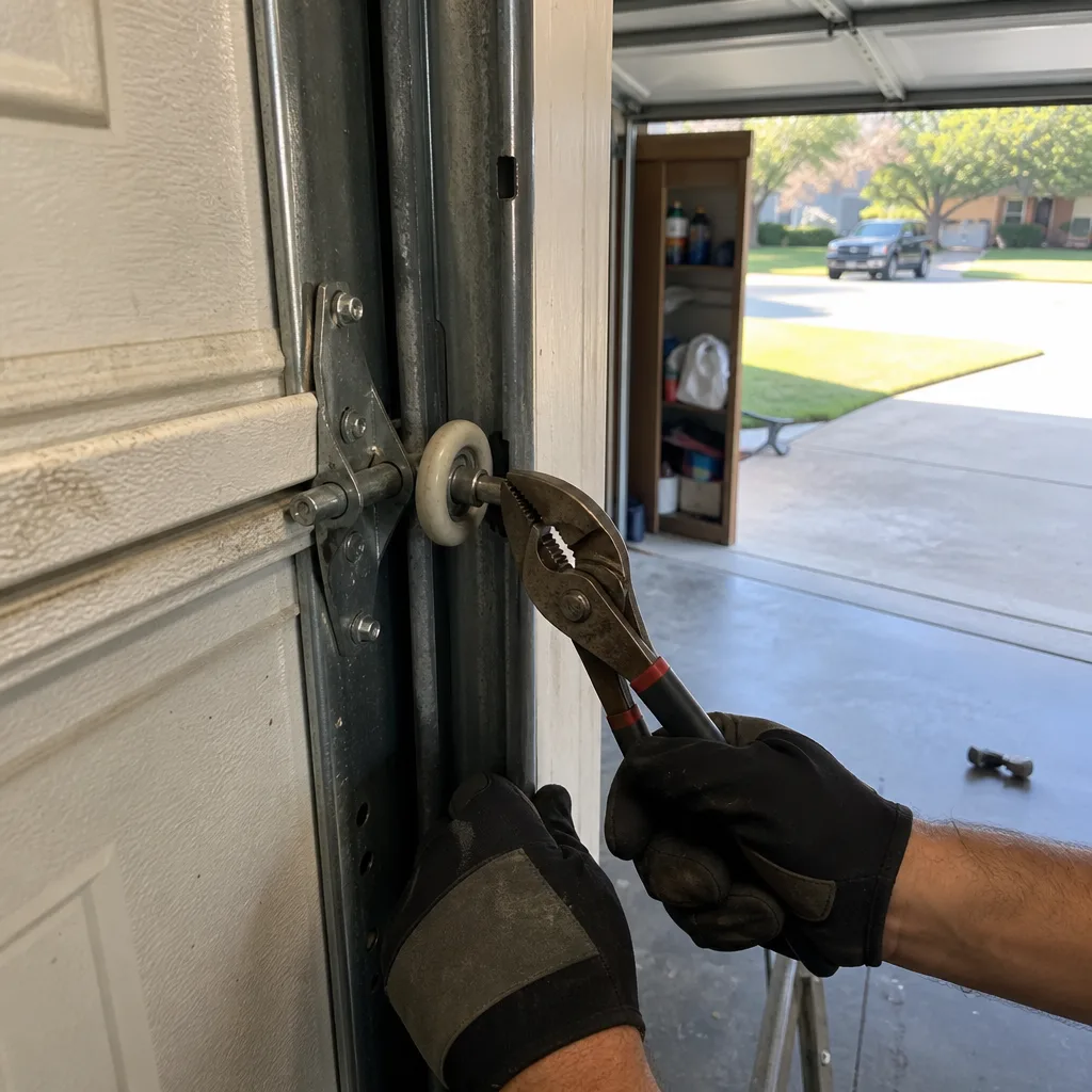 Technician using pliers to repair a garage door roller
