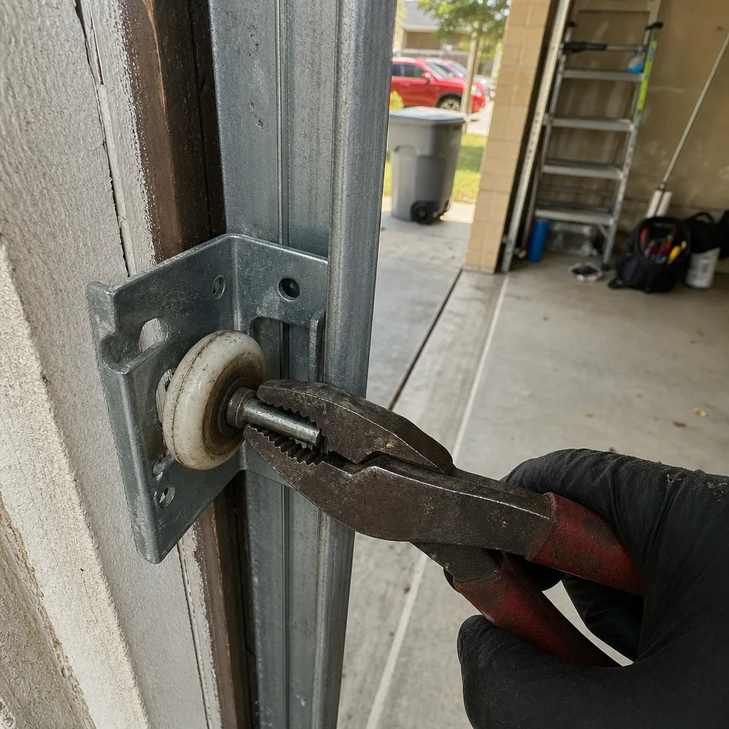 Technician repairing a garage door roller on a metal track