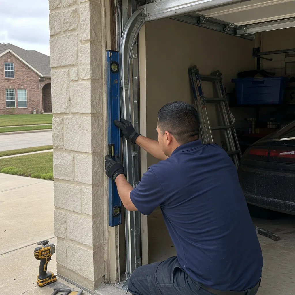Garage door technician checking vertical track alignment with a level