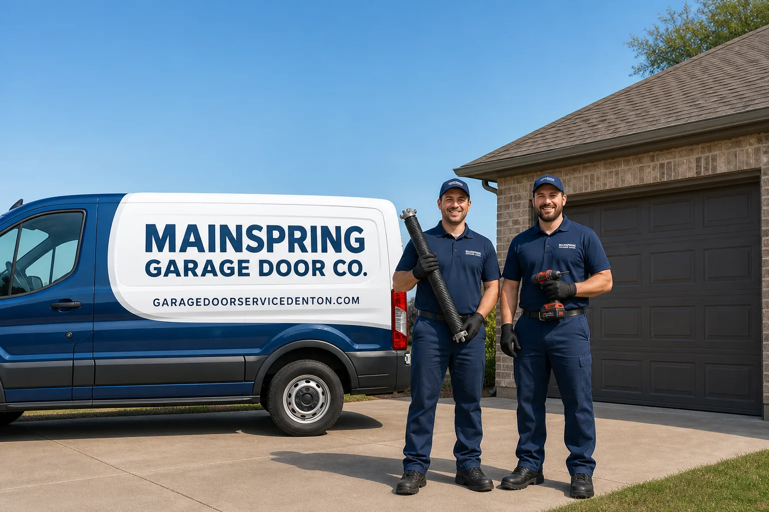 Mainspring Garage Door Co. garage door service vehicle and crew in Denton, TX